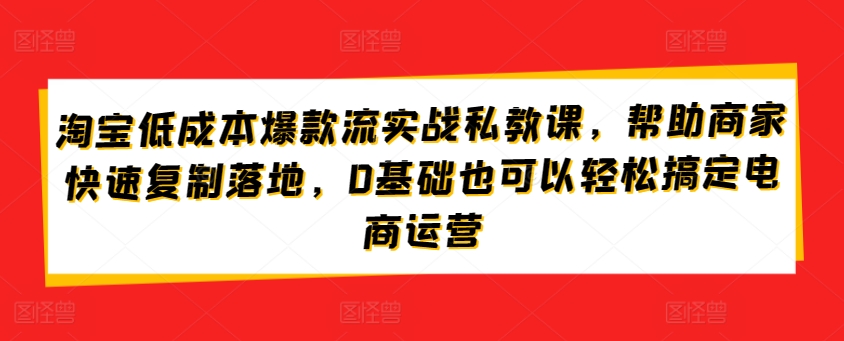 淘宝低成本爆款流实战私教课，帮助商家快速复制落地，0基础也可以轻松搞定电商运营