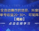 分享一个全自动操作的项目，抖音刷视频项目，每日单号收益20-30+，可矩阵小白可做【揭秘】