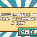 “外面收费1290的小游戏项目，单机收益30+，提现秒到账，小白无脑批量操作，长期稳定【揭秘】