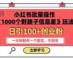 小红书批量操作《1000个野路子信息差》玩法，一分钟制作一个图文，不封号，日引100+创业粉”