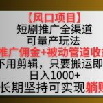 【风口项目】短剧推广全渠道最新双重收益玩法，推广佣金管道收益，不用剪辑，只要搬运即可【揭秘】