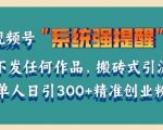 “利用微信视频号系统提醒功能，引流精准创业粉，无需发布任何作品，单人单日引流300+创业粉”