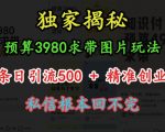 “预算3980求带 图片玩法，单条日引流500+精准创业粉，私信根本回不完”