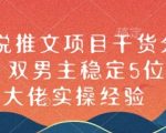 “小说推文项目干货分享，双男主稳定5位数大佬实操经验”
